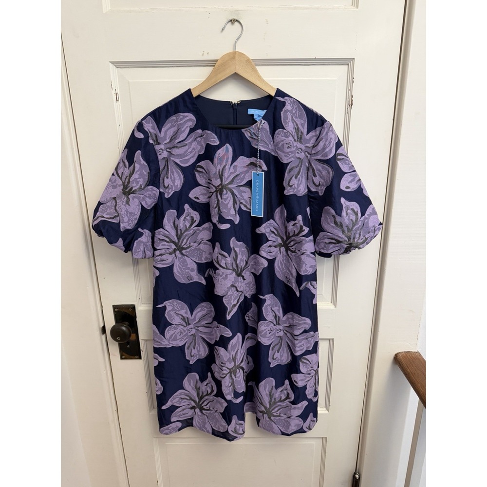 Draper James Lucinda Navy Purple Floral Jacquard Puff Sleeve Dress‎ XL New $178